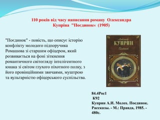 "Поєдинок" - повість, що описує історію
конфлікту молодого підпоручика
Ромашова зі старшим офіцером, який
розвивається на фоні зіткнення
романтичного світогляду інтелігентного
юнака зі світом глухого піхотного полку, з
його провінційними звичаями, муштрою
та вульгарністю офіцерського суспільства.
84.4Рос1
К92
Куприн А.И. Молох. Поединок.
Рассказы. - М.: Правда, 1985. -
480с.
110 років від часу написання роману Олександра
Купріна "Поєдинок« (1905)
 