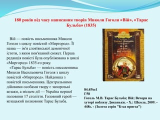 180 років від часу написання творів Миколи Гоголя «Вій», «Тарас
Бульба» (1835)
Вій — повість письменника Миколи
Гоголя з циклу повістей «Миргород». Її
назва — ім'я слов'янської демонічної
істоти, з яким пов'язаний сюжет. Перша
редакція повісті була опублікована в циклі
«Миргород» 1835-го року.
«Тарас Бульба» — повість письменника
Миколи Васильовича Гоголя з циклу
повістей «Миргород». Найдовша з
повістей письменника. Центральними
дійовими особами твору є запорозькі
козаки, а місцем дії — Україна першої
половини 17 століття. Головний герой —
козацький полковник Тарас Бульба.
84.4Рос1
Г58
Гоголь М.В. Тарас Бульба; Вій; Вечори на
хуторі поблизу Диканьки. - Х.: Школа, 2009. -
448с. - (Золота серія "Б-ка пригод")
 