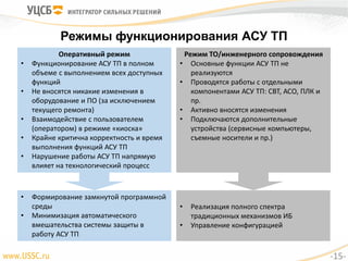 • Реализация полного спектра
традиционных механизмов ИБ
• Управление конфигурацией
Режимы функционирования АСУ ТП
Оперативный режим
• Функционирование АСУ ТП в полном
объеме с выполнением всех доступных
функций
• Не вносятся никакие изменения в
оборудование и ПО (за исключением
текущего ремонта)
• Взаимодействие с пользователем
(оператором) в режиме «киоска»
• Крайне критична корректность и время
выполнения функций АСУ ТП
• Нарушение работы АСУ ТП напрямую
влияет на технологический процесс
Режим ТО/инженерного сопровождения
• Основные функции АСУ ТП не
реализуются
• Проводятся работы с отдельными
компонентами АСУ ТП: СВТ, АСО, ПЛК и
пр.
• Активно вносятся изменения
• Подключаются дополнительные
устройства (сервисные компьютеры,
съемные носители и пр.)
• Формирование замкнутой программной
среды
• Минимизация автоматического
вмешательства системы защиты в
работу АСУ ТП
-15-
 