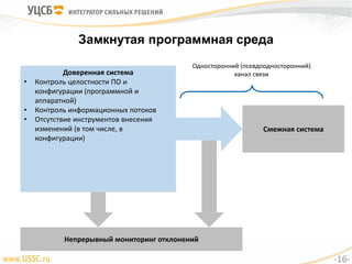 Замкнутая программная среда
Доверенная система
• Контроль целостности ПО и
конфигурации (программной и
аппаратной)
• Контроль информационных потоков
• Отсутствие инструментов внесения
изменений (в том числе, в
конфигурации)
Смежная система
Односторонний (псевдоодносторонний)
канал связи
Непрерывный мониторинг отклонений
-16-
 