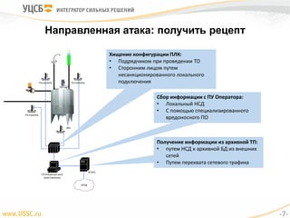 Направленная атака: получить рецепт
Расходомер
Расходомер Расходомер
ИКС
ПУ Оператора цеха
приготовления
SCADA
КСПД
Хищение конфигурации ПЛК:
• Подрядчиком при проведении ТО
• Сторонним лицом путем
несанкционированного локального
подключения
Сбор информации с ПУ Оператора:
• Локальный НСД
• С помощью специализированного
вредоносного ПО
Получение информации из архивной ТП:
• путем НСД к архивной БД из внешних
сетей
• Путем перехвата сетевого трафика
-7-
 