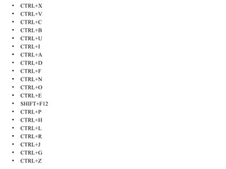 • CTRL+X
• CTRL+V
• CTRL+C
• CTRL+B
• CTRL+U
• CTRL+I
• CTRL+A
• CTRL+D
• CTRL+F
• CTRL+N
• CTRL+O
• CTRL+E
• SHIFT+F12
• CTRL+P
• CTRL+H
• CTRL+L
• CTRL+R
• CTRL+J
• CTRL+G
• CTRL+Z
 