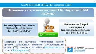 1. КОНТАКТНЫЕ ЛИЦА ГКУ Дирекция ДОгМ
43
Тихонов Эрнест Дмитриевич
(TikhonovED@edu.mos.ru)
Тел.: 8-(495)-633-46-93
Константинов Андрей
Владимирович
(KonstantinovAV@edu.mos.ru)
Тел.:8-(495)-633-46-93
Записаться к ответственным лицам ГКУ Дирекция ДОгМ
МОЖНО!
Инструкция по получению сертификатов ключей
проверки электронных подписей уполномоченными
лицами (УЛ) находится на сайте (http://smv.mos.ru –
раздел «Все документы»)
 