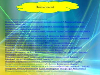 Филологический
Московский государственный университет печати
Всероссийский государственный университет кинематографии им.С.А. Герасимова Сценарно-
киноведческий факультет
Московский государственный институт международных отношений (университет) МИД России
факультет международной журналистики
Московский государственный лингвистический университет Институт международных отношений и
социально-политических наук
Московский государственный университет им. М.В. Ломоносова факультет журналистики
Национальный исследовательский университет «Высшая школа экономики» Факультет прикладной
политологии, отделение деловой и политической журналистики
Российская академия театрального искусства ГИТИС - Театроведческий факультет
Российский государственный гуманитарный университет институт масс-медиа
Российский государственный социальный университет социально-гуманитарный факультет
Российский университет дружбы народов филологический факультет
Школа-студия (институт) им. Вл.И. Немировича-Данченко при МХАТ им. А.П. Чехова - Факультет
сценографии и театральной технологии
Московский педагогический государственный университет филологический факультет
Российский государственный гуманитарный университет
Российский государственный социальный университет социально-гуманитарный факультет
Государственный институт русского языка им. А.С. Пушкина филологический факультет
Московский государственный университет им. М.В.Ломоносовафилологический факультет, факультет
иностранных языков и регионоведения, высшая школа перевода, институт стран Азии и Африки
Московский авиационный институт (государственный технический университет)
 