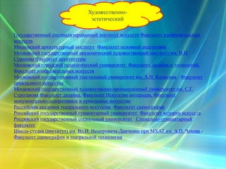 Художественно-
эстетический
Государственный специализированный институт искусств Факультет изобразительных
искусств
Московский архитектурный институт Факультет основной подготовки
Московский государственный академический художественный институт им. В.И.
Сурикова Факультет архитектуры
Московский городской педагогический университет Факультет дизайна и технологий,
Факультет изобразительных искусств
Московский государственный текстильный университет им. А.Н. Косыгина - Факультет
прикладного искусства
Московский государственный художественно-промышленный университет им. С.Г.
Строганова Факультет дизайна, Факультет Искусство интерьера, Факультет
монументально-декоративное и прикладное искусство
Российская академия театрального искусства Факультет сценографии
Российский государственный гуманитарный университет Факультет истории искусств
Российский государственный социальный университет Социально-гуманитарный
факультет
Школа-студия (институт) им. Вл.И. Немировича-Данченко при МХАТ им. А.П. Чехова -
Факультет сценографии и театральной технологии
 