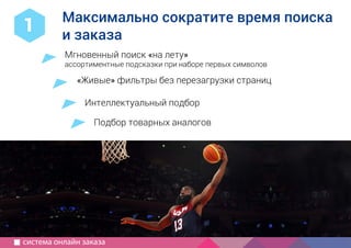 1
2
Компания IP3
специализация, опыт, порядок работы
Как создать
современный
сайт?
используйте для совещаний
руководство для маркетолога
5 принципов хорошего сайта
краткий бриф
с чего начать, определить сроки,
частые ошибки
информация для совещаний
как выбрать подрядчика
Мгновенный поиск «на лету»
ассортиментные подсказки при наборе первых символов
«Живые» фильтры без перезагрузки страниц
Интеллектуальный подбор
Максимально сократите время поиска
и заказа
1
Подбор товарных аналогов
система онлайн заказа
 