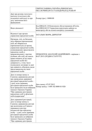 СВЯТОСЛАВІВНА,УКРАЇНА,РІВНЕНСЬКА
ОБЛ.,М.РІВНЕ,ВУЛ.СТ.БАНДЕРИ,БУД.59,КВ.89
Дані про розмір статутного
капіталу (статутного ...