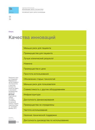 РОССИЙСКИЙ РЫНОК. ЗАПРОС НА ИННОВАЦИИ
ЗДРАВООХРАНЕНИЕ:
ИННОВАЦИИ ЧЕРЕЗ ГОСЗАКУПКИ
39
38
Доклад
Опрос
Качества инноваций
Меньше риск для пациента
Преимущества для пациента
Лучше клинический результат
Новизна
Преимущества в цене
Простота использования
Обновление старых технологий
Меньше риск для пользователя
Совместимость с другим оборудованием
Инфраструктура
Доступность финансирования
Преимущества не определены
Частота использования
Наличие технической поддержки
Доступность руководства по использованию
Уровень
важности
Результаты опро-
са сотрудников
Медицинского
центра Универси-
тета Гронингена
о качествах,
которые они
хотели бы видеть
у закупаемой
инновационной
продукции.
Источник:
Organizational
strategy:
the impact
on tendering
for services &
solutions. Презен-
тация Ханса Бак-
са. «Сколково»,
декабрь 2014.
 