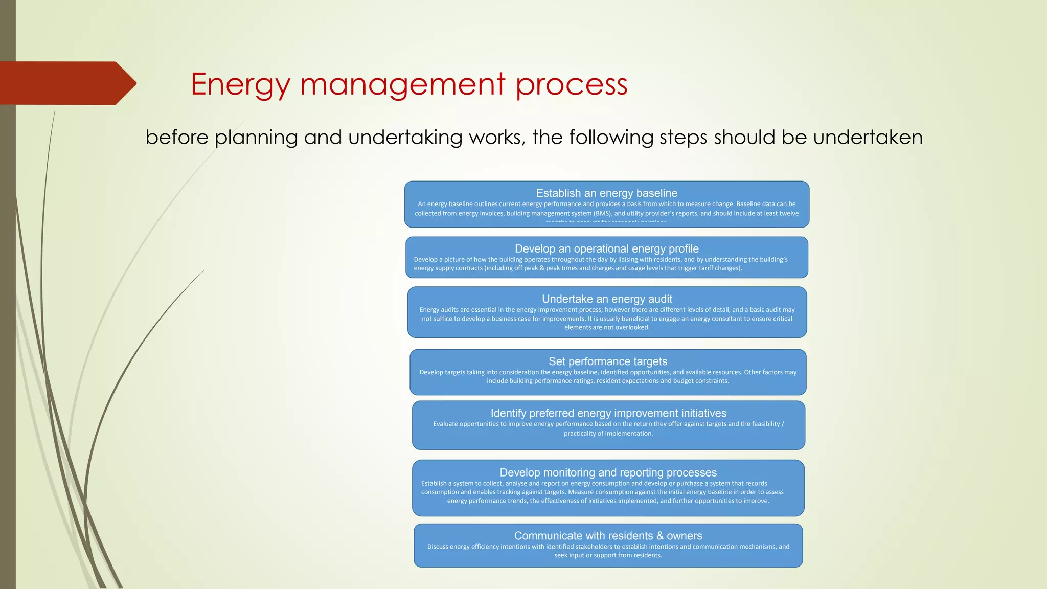 Energy management process
before planning and undertaking works, the following steps should be undertaken
Establish an energy baseline
An energy baseline outlines current energy performance and provides a basis from which to measure change. Baseline data can be
collected from energy invoices, building management system (BMS), and utility provider’s reports, and should include at least twelve
months to account for seasonal variations.
Develop an operational energy profile
Develop a picture of how the building operates throughout the day by liaising with residents, and by understanding the building’s
energy supply contracts (including off peak & peak times and charges and usage levels that trigger tariff changes).
Undertake an energy audit
Energy audits are essential in the energy improvement process; however there are different levels of detail, and a basic audit may
not suffice to develop a business case for improvements. It is usually beneficial to engage an energy consultant to ensure critical
elements are not overlooked.
Set performance targets
Develop targets taking into consideration the energy baseline, identified opportunities, and available resources. Other factors may
include building performance ratings, resident expectations and budget constraints.
Identify preferred energy improvement initiatives
Evaluate opportunities to improve energy performance based on the return they offer against targets and the feasibility /
practicality of implementation.
Develop monitoring and reporting processes
Establish a system to collect, analyse and report on energy consumption and develop or purchase a system that records
consumption and enables tracking against targets. Measure consumption against the initial energy baseline in order to assess
energy performance trends, the effectiveness of initiatives implemented, and further opportunities to improve.
Communicate with residents & owners
Discuss energy efficiency intentions with identified stakeholders to establish intentions and communication mechanisms, and
seek input or support from residents.
 