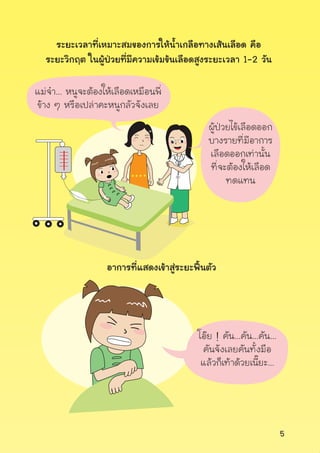 5
ระยะเวลาที่เหมาะสมของการให้น�้ำเกลือทางเส้นเลือด คือ
ระยะวิกฤต ในผู้ป่วยที่มีความเข้มข้นเลือดสูงระยะเวลา 1-2 วัน
อาการที่แสดงเข้าสู่ระยะฟื้นตัว
แม่จ๋า... หนูจะต้องให้เลือดเหมือนพี่
ข้าง ๆ หรือเปล่าคะหนูกลัวจังเลย
ผู้ป่วยไข้เลือดออก
บางรายที่มีอาการ
เลือดออกเท่านั้น
ที่จะต้องให้เลือด
ทดแทน
โอ๊ย ! คัน...คัน...คัน...
คันจังเลยคันทั้งมือ
แล้วก็เท้าด้วยเนี๊ยะ...
 