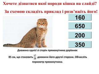 Хочете дізнатися якої породи кішка на слайді?
За схемою складіть приклад і розв’яжіть його!
160
650
200
350
Довжина однієї зі сторін прямокутника дорівнює
85 см, що становить довжини його другої сторони. Обчисліть
периметр прямокутника.
 