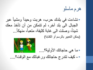 ‫ماسلو‬ ‫هرم‬
•‫نشاءت‬‫في‬‫بلدك‬،‫حرب‬‫هربت‬‫وحيدا‬‫ومشيا‬‫عبر‬
‫الجبال‬‫الى‬‫بلد‬،‫آخر‬‫لم‬‫تتمكن‬‫من‬‫أن‬‫تأخذ‬‫مع‬‫ك‬
،‫شيئا‬‫وصلت‬‫الى‬‫غابة‬،‫كثيفة‬،‫متعبا‬‫م‬‫نهكا‬...
(‫يمكن‬‫التعبير‬‫بالرسم‬‫أو‬‫الكتابة‬)
•‫ما‬‫هي‬‫حاجاتك‬‫األولية‬‫؟‬....
•-‫كيف‬‫تتدرج‬‫حاجاتك‬‫ورغباتك‬‫مع‬‫الوقت؟‬....
 