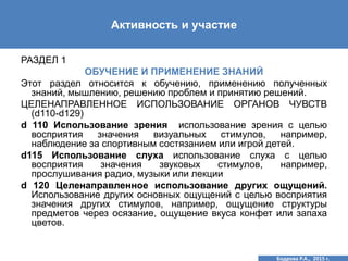 Активность и участие
РАЗДЕЛ 1
ОБУЧЕНИЕ И ПРИМЕНЕНИЕ ЗНАНИЙ
Этот раздел относится к обучению, применению полученных
знаний, мышлению, решению проблем и принятию решений.
ЦЕЛЕНАПРАВЛЕННОЕ ИСПОЛЬЗОВАНИЕ ОРГАНОВ ЧУВСТВ
(d110-d129)
d 110 Использование зрения использование зрения с целью
восприятия значения визуальных стимулов, например,
наблюдение за спортивным состязанием или игрой детей.
d115 Использование слуха использование слуха с целью
восприятия значения звуковых стимулов, например,
прослушивания радио, музыки или лекции
d 120 Целенаправленное использование других ощущений.
Использование других основных ощущений с целью восприятия
значения других стимулов, например, ощущение структуры
предметов через осязание, ощущение вкуса конфет или запаха
цветов.
Бодрова Р.А., 2015 г.
 