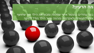 ‫הרעיון‬ ‫מה‬?
‫שחושף‬ ‫תוך‬ ‫הילד‬ ‫את‬ ‫ומכוון‬ ‫שמלווה‬ ‫אישי‬ ‫כמנטור‬ ‫עתידים‬ ‫בוגר‬
‫לחיקוי‬ ‫מודל‬ ‫הילד‬ ‫עבור‬ ‫ומהווה‬ ‫ולאקדמיה‬ ‫לתעשייה‬ ‫אותו‬
 