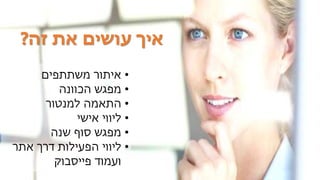 ‫איך‬‫זה‬ ‫את‬ ‫עושים‬?
•‫איתור‬‫משתתפים‬
•‫הכוונה‬ ‫מפגש‬
•‫למנטור‬ ‫התאמה‬
•‫אישי‬ ‫ליווי‬
•‫סוף‬ ‫מפגש‬‫שנה‬
•‫אתר‬ ‫דרך‬ ‫הפעילות‬ ‫ליווי‬
‫פייסבוק‬ ‫ועמוד‬
 