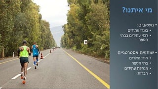 ‫איתנו‬ ‫מי‬?
•‫משאבים‬:
•‫עתידים‬ ‫בוגרי‬
•‫בבתי‬ ‫עתידים‬ ‫רכזי‬
‫הספר‬
•‫אסטרטגיים‬ ‫שותפים‬
•‫הילדים‬ ‫הורי‬
•‫הספר‬ ‫בתי‬
•‫עתידים‬ ‫מנהלת‬
•‫חברות‬
 