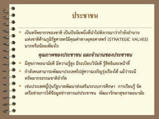 ประชาชน
 เป็นทรัพยากรของชาติ เป็นปัจจัยหนึ่งที่นาไปพิจารณาว่ากาลังอานาจ
แห่งชาติด้านภูมิรัฐศาสตร์มีคุณค่าทางยุทธศาสตร์ (STRATEGIC VALVES)
มากหรือน้อยเพียงไร
คุณภาพของประชาชน และจานวนของประชาชน
 มีสุขภาพอนามัยดี มีความรู้สูง มีระเบียบวินัยดี รู้สิทธิและหน้าที่
 กาลังคนสามารถพัฒนาประเทศไปสู่ความเจริญรุ่งเรืองได้ แม้ว่าจะมี
ทรัพยากรธรรมชาติจากัด
 เช่นประเทศญี่ปุ่นรัฐบาลพัฒนาส่งเสริมระบบการศึกษา การเรียนรู้ จัด
เครือข่ายการให้ข้อมูลข่าวสารแก่ประชาชน พัฒนารักษาสุขภาพอนามัย
 