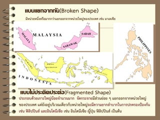 SARAWAK
SABAH
M
ALAYA
M A L A Y S I A
I N D O N E S I A
J A V A
S
U
M
A
T
R
A
B ORNE O
KAL I MANT AN
C
EL
EBES
I R I A N
J A Y A
แบบแยกจากกัน(Broken Shape)
PH
ILIPPINES
แบบไม่ประติดประต่อ(Fragmented Shape)
มีหน่วยหนึ่งหรือมากกว่าแยกออกจากหน่วยใหญ่ของประเทศ เช่น มาเลเซีย
ประกอบด้วยเกาะใหญ่น้อยจานวนมาก จัดกระจายมีส่วนย่อย ๆ แยกออกจากหน่วยใหญ่
ของประเทศ แต่ยังอยู่บริเวณเดียวกับหน่วยใหญ่จะมีความยากลาบากในการปกครองป้องกัน
เช่น ฟิลิปปินส์ และอินโดนีเซีย เช่น อินโดนีเซีย ญี่ปุ่น ฟิลิปปินส์ เป็นต้น
 