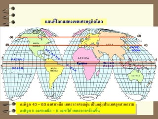 80
70
60
50
40
30
20
10
EQ UA TO R
20
30
40
50
60
70
80
30
40
50
60
70
80
20
10 10
30
40
50
60
70
80
80
70
60
50
40
30
20
10
30
TROP IC O F CA NCE R
40
50
60
70
80 80
70
60
50
40
30
20
10
EQ UA TO R
TROP IC O F CA NCE R
TROP IC O F CA PRICO RN TROP O F CA PRICO RN
10
20
30 30
40 40
50 50
60 60
70 70
80 80 80
70
60
50
40
30
20
10
30
40
50
60
70
80 80
70
60
50
40
30
20
10
AUST RALIA
AS I A
AFR I CA
E
U
R
O
P
E
GREE NLANDGREE NLAND
NORTH
AMERICA
ANTARCTICA
SOUTH
AMERICA
P A C I F I C
O C EA N
O
C
E
A
N
I N D I A N
O C EA N
PACIFIC
OCEAN
A
T
L
A
N
T
I C
แผนที่โลกแสดงเขตเศรษฐกิจโลก
40
60 60
40
5
5
Equator
5
5
ละติจูด 40 - 60 องศาเหนือ เขตอากาศอบอุ่น เป็นกลุ่มประเทศอุตสาหกรรม
ละติจูด 5 องศาเหนือ - 5 องศาใต้ เขตอากาศร้อนชื้น
 