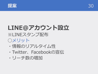 提案
LINE@アカウント設立
※LINEスタンプ配布
◯メリット
・情報のリアルタイム性
・Twitter、Facebookの宣伝
・リーチ数の増加
30
 