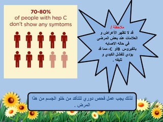 ‫مالحظة‬/
‫األعراض‬ ‫تظهر‬ ‫ال‬ ‫قد‬‫و‬
‫المرضى‬ ‫بعض‬ ‫عند‬ ‫العالمات‬
‫حاله‬ ‫في‬‫االصابه‬
‫بالفيروس‬B‫أو‬C،‫قد‬ ‫مما‬
‫الكبدي‬ ‫للفشل‬ ‫يؤدي‬‫و‬
‫تليفه‬.
‫هذا‬ ‫من‬ ‫الجسم‬ ‫خلو‬ ‫من‬ ‫للتأكد‬ ‫دوري‬ ‫فحص‬ ‫عمل‬ ‫يجب‬ ‫لذلك‬
‫المرض‬.
 