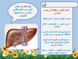 ‫أهمية‬‫الكبد‬‫و‬‫جسم‬ ‫في‬ ‫وظائفه‬
‫اإلنسان‬:
‫مخزن‬‫الجلكوز‬(‫السكر‬)‫الالزم‬ ،‫للطاقه‬.
، ‫للحديد‬ ‫مخزن‬‫و‬‫الفيتامينات‬‫و‬‫األمال‬‫ح‬
‫المعدنيه‬.
‫الجس‬ ‫لبناء‬ ‫الالزمة‬ ‫البروتينات‬ ‫مصنع‬‫م‬‫و‬
‫حيويته‬ ‫على‬ ‫المحافظة‬‫و‬‫نموه‬‫و‬‫تطوره‬.
‫العصارة‬ ‫مصنع‬‫الكبديه‬‫لهضم‬ ‫الالزمة‬
‫الطعام‬(‫الدهون‬)‫في‬‫االمعاء‬‫يقتل‬ ‫و‬
‫التي‬ ‫الجراثيم‬‫بها‬.
‫سميه‬ ‫يزيل‬‫األطعمه‬،‫و‬‫األدويه‬،‫و‬‫يحل‬‫ل‬
‫المركبات‬‫المعقده‬‫الكحول‬ ‫و‬.
‫يقع‬‫الكبد‬‫الجانب‬ ‫في‬
‫القف‬ ‫أسفل‬ ‫من‬ ‫األيمن‬‫ص‬
‫الواجهة‬ ‫من‬ ‫الصدري‬
‫األمامية‬.
 