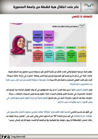 ‫تنتهي‬ ‫ال‬ ‫انتهاكات‬
‫أشهر‬ ‫عشرة‬ ‫من‬ ‫الكثر‬ ‫امتدت‬ ‫والتي‬ ً‫ا‬‫احتياطي‬ ‫حبسها‬ ‫فترة‬ ‫طوال‬‫دمنه‬ ‫لسجن‬ ‫ترحيلها‬ ‫قبل‬،‫عليها‬ ‫الحكم‬ ‫بعد‬ ‫ور‬
‫احتجزت‬ ‫وهناك‬ ‫النصر‬ ‫منية‬ ‫وسجن‬ ‫المنصورة‬ ‫أول‬ ‫قسم‬ ‫بين‬ ‫ما‬ ‫ترحال‬ ‫في‬ "‫"هبة‬ ‫عاشت‬‫زنزانة‬ ‫في‬‫تسع‬ ‫بالكاد‬10
‫أفراد‬‫كان‬ ‫بداخلها‬ ‫المحتجز‬ ‫الفعلي‬ ‫العدد‬ ‫لكن‬26‫سيدة‬‫محاولة‬ ‫لـ‬ ‫هبة‬ ‫دفع‬ ‫مما‬‫كث‬ ‫بسبب‬ ‫الباب‬ ‫تحت‬ ‫من‬ ‫التنفس‬‫رة‬
‫الزنزانة‬ ‫داخل‬ ‫المحتجزين‬ ‫عدد‬.
‫وعن‬‫ا‬‫لتفتيش‬"‫النصر‬ ‫منية‬ ‫"سجن‬ ‫داخل‬‫ف‬‫ل‬ ‫وقت‬ ‫أي‬ ‫في‬ ‫المسؤولون‬ ‫يمر‬ ‫قد‬ ‫ـ‬‫الزنازنة‬ ‫تفتيش‬‫كل‬ ‫توضع‬ ‫حيث‬ ‫المهين‬
ً‫ا‬‫ذاتي‬ ‫السيدات‬ ‫وتفتش‬ ‫العنبر‬ ‫منتصف‬ ‫في‬ ‫المحتجزات‬ ‫احتياجات‬‫بعدها‬ ‫تقوم‬ ‫لـ‬‫السجينات‬ ‫بعض‬‫سرقة‬ ‫بـ‬ ‫الجنائيات‬
‫لـ‬ ‫الدخول‬ ‫بعد‬ ‫هبة‬ ‫احتياجات‬‫أضف‬ ،‫الزنزانة‬‫ماسبق‬ ‫كل‬ ‫إلى‬‫انقطاع‬‫عن‬ ‫المياه‬‫ومنع‬ ‫النهار‬ ‫طوال‬ ‫لزنزانة‬‫االكل‬–‫في‬
‫األحيان‬ ‫بعض‬-‫لـ‬ ‫تصل‬ ‫قد‬ ‫متتالية‬ ‫أيام‬ ‫لـ‬3‫أيام‬.
‫الماضي‬ ‫مارس‬ ‫من‬ ‫األول‬ ‫في‬"‫"هبةاهلل‬ ‫منزل‬ ‫األمن‬ ‫قوات‬ ‫اقتحمت‬‫و‬‫المنزل‬ ‫محتويات‬ ‫بتكسير‬ ‫قامت‬،‫على‬ ‫والحصول‬
‫للمادة‬ ‫صارخ‬ ٍ‫د‬‫تع‬ ‫في‬“85”‫الحالي‬ ‫الدستور‬ ‫من‬‫على‬ ‫تنص‬ ‫والتي‬”‫عدا‬ ‫وفيما‬ ،‫حرمة‬ ‫للمنازل‬ ‫بالطالبة‬ ‫خاصة‬ ‫متعلقات‬،
‫مسب‬ ‫قضائى‬ ‫بأمر‬ ‫إال‬ ‫عليها‬ ‫التنصت‬ ‫أو‬ ‫مراقبتها‬ ‫وال‬ ،‫تفتيشها‬ ‫وال‬ ،‫دخولها‬ ‫يجوز‬ ‫ال‬ ‫أواالستغاثة‬ ،‫الخطـر‬ ‫حاالت‬"‫ب‬.
 