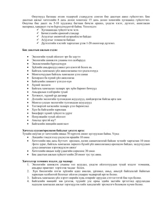 Оюутнууд багшаас өгсөн тодорхой сэдвүүдээс сонгон бие даалтын ажил гүйцэтгэнэ. Бие
даалтын ажлыг хичээлийн 8 дахь долоо хоногоос 15 дахь долоо хоногийн хугацаанд гүйцэтгэнэ.
Оюутны бие даалт нь 5-10 хуудсанд багтаан бичсэн оршил, үндсэн хэсэг, дүгнэлт, ашигласан
материал, хавсралт гэсэн бүрэлдэхүүнтэй байна. Үнэлэхдээ:
 Хугацаандаа гүйцэтгэсэн эсэх
 Бичиглэлийн ерөнхий стандар
 Агуулгыг оновчтой илэрхийлсэн байдал
 Агуулгыг эзэмшсэн байдал
 Дүгнэлтийн хэсгийг харгалзан үзэж 1-20 оноогоор дүгнэнэ.
Бие даалтын ажлын сэдэв:
 Экологийн тухай ойлголт эрт ба эдүгээ
 Экологийн шинжлэх ухааны гол салбарууд
 Экосистемийн бүрэлдэхүүн
 Зүйлийн амьдралууд ижил үнэ цэнэтэй болох нь
 Байгаль хамгаалах үйл ажиллагааны гол үндэслэлүүд
 Монголчуудын байгаль хамгаалах үзэл санаа
 Бохирдол ба хүний үйл ажиллагаа
 Байгалийн гамшигт үзэгдэл-хүн
 Хүний экологи
 Байгаль хамгаалах талаарх эрх зүйн баримт бичгүүд
 Амьдралын хэлбэрийн тухай
 Хотжилт, түүний үр дагавар
 Дэлхийн экологийн тулгамдсан асуудлууд, шийдвэрлэж байгаа арга зам
 Монгол улсын экологийн тулгамдсан асуудлууд
 Тогтвортой хөгжлийн талаарх үзэл баримтлал
 Хүн ба байгалийн харилцаа
 Биосферт хүний гүйцэтгэх үүрэг
 Популяцийн тухай ойлголт
 Амьтад эрхтэй юу?
 Байгалийн нөөцийн ашиглалт
Хичээлд суусан/оролцсон байдлыг үнэлэх арга:
Тухайн оюутан уг хичээлийн явцад 70 хүртлэх оноог цуглуулсан байна. Үүнд:
 Лекцийн тэмдэглэлд үндэслэн ирцийн 10 оноо
 Хичээлийн явц дахь бүтээлч оролцоо, идэвх санаачлагатай байсан эсэхийг харгалзан 10 оноо
/фото зураг, байгаль хамгаалах зорилго бүхий үйл ажиллагаанд оролцсон байдал, залуучуудын
дунд санаачлан хэрэгжүүлсэн ажил/
 Хичээлийн явцын хоёр удаагийн сорилоос 30 оноо
 Бие даалтын ажлын гүйцэтгэлийн 20 оноог тус тус авна.
Хичээлээр эзэмших мэдлэг, ур чадвар:
1. Экологийн шинжлэх ухааны гол асуудал, үндсэн ойлголтуудын тухай мэдлэг эзэмшиж,
амьдрал практикт хэрэглэж чаддаг болох.
2. Хүн биологийн нэгэн зүйлийн адил амьтан, ургамал, амьд, амьгүй байгальтай байнгын
харилцан холбоотой болохыг ойлгон ухаарах чадвартай иргэн болно.
3. Байгаль хамгаалах үйл хэрэгт өөрийн хувь нэмрийг оруулах сэтгэлгээтэй бие хүн болно.
4. Байгалийн нөөцийг зөв үнэлэж, түүнийг улс орны эдийн засгийн эргэлтэнд оруулахдаа
хадгалж хамгаалах ажлыг зэрэгцүүлэн хийх хандлагийг эрхэмлэгч боловсон хүчин болно.
 