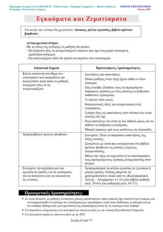 Πρόγραµµα Αγωγής Υγείας ΕΠΕΑΕΚ ΙΙ - «Εθελοντισµός - Πρόληψη Ατυχηµάτων – Πρώτες Βοήθειες» Ο∆ΗΓΟΣ ΕΚΠΑΙ∆ΕΥΤΙΚΟΥ
Εισηγητής: Τσιτσιλέγκας Γεώργιος Ιούνιος 2007
Σελίδα 62 από 77
Εγκαύµατα και Ζεµατίσµατα
Για αυτήν την ενότητα θα χρειαστείτε: πίνακας, φύλλα εργασίας, βιβλίο πρώτων
βοηθειών.
Αντικειµενικοί στόχοι:
Με το τέλος της ενότητας οι µαθητές θα πρέπει:
- Να δείχνουν πώς να αντιµετωπίζουν κάποιον που έχει ένα µικρό έγκαυµα ή
ζεµάτισµα (κάψιµο).
- Να αναγνωρίζουν πότε θα πρέπει να πηγαίνει στο νοσοκοµείο
∆ιδακτικά Σηµεία Προτεινόµενες ∆ραστηριότητες
Κάντε εισαγωγή στο θέµα των
εγκαυµάτων και καψιµάτων και
διερευνήστε κατά πόσο οι µαθητές
γνωρίζουν πώς να τα
αντιµετωπίζουν.
Ερωτήσεις και απαντήσεις.
Πόσοι µαθητές στην τάξη έχουν πάθει οι ίδιοι
έγκαυµα;
Πώς συνέβη; Ζητήστε τους να περιγράψουν
διάφορους τρόπους µε τους οποίους οι άνθρωποι
παθαίνουν εγκαύµατα..
Τι έκαναν τότε αυτοί;
Καταιγιστικές ιδέες για αντιµετώπιση ενός
εγκαύµατος.
Γράψτε όλες τις απαντήσεις στον πίνακα είτε είναι
σωστές είτε όχι.
Ποιο πιστεύουν ότι είναι το πιο πιθανό µέρος για να
πάθουν οι άνθρωποι εγκαύµατα;
Μπορεί κάποιος από τους κινδύνους να ελαττωθεί;
Χρήση βιβλίου πρώτων βοηθειών Συνεχίστε. Ήταν οι παραπάνω απαντήσεις της
τάξης σωστές;
Συγκρίνετε µε αυτά που αναφέρονται στο βιβλίο
πρώτων βοηθειών ως σωστές ενέργειες
αντιµετώπισης.
Βάλτε την τάξη να σηµειώσει ή να διασταυρώσει
τους προηγούµενους τρόπους αντιµετώπισης στον
πίνακα.
Συνεχίστε τη συζήτηση και την
εργασία σε οµάδες για τα εγκαύµατα,
για να παγιώσετε και να επεκτείνετε
τις γνώσεις.
Χρησιµοποίησε τα φύλλα εργασίας σε ζευγάρια ή
µικρές οµάδες. Επίσης µπορείτε να
χρησιµοποιήσετε υλικό από το «Κυκλοφοριακή
Αγωγή – Ατυχήµατα» 11-14 ετών βιβλίο µαθητή
(σελ. 55-61) και καθηγητή (σελ. 65-73).
Προαιρετικές δραστηριότητες:
Αν είναι δυνατόν, οι µαθητές να παίξουν ρόλους καταστάσεων όπου κάποιος έχει υποστεί ένα έγκαυµα, και
να συµπεριληφθεί το κρύωµα του εγκαύµατος µε οποιοδήποτε υγρό είναι διαθέσιµο, η κάλυψη του µε
ένα καθαρό επίθεµα και η αντιµετώπιση της καταπληξίας (σοκ) αν το έγκαυµα είναι σοβαρό.
Για παραπάνω πληροφορίες για πυρασφάλεια επικοινωνήστε µε την τοπική Πυροσβεστική Υπηρεσία.
Για ηλεκτρική ασφάλεια επικοινωνήστε µε τη ∆ΕΗ.
 