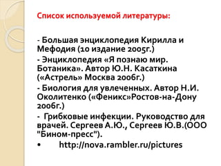 Список используемой литературы:
- Большая энциклопедия Кирилла и
Мефодия (10 издание 2005г.)
- Энциклопедия «Я познаю мир.
Ботаника». Автор Ю.Н. Касаткина
(«Астрель» Москва 2006г.)
- Биология для увлеченных. Автор Н.И.
Околитенко («Феникс»Ростов-на-Дону
2006г.)
- Грибковые инфекции. Руководство для
врачей. Сергеев А.Ю., Сергеев Ю.В.(ООО
"Бином-пресс").
• http://nova.rambler.ru/pictures
 