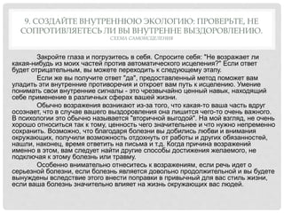 9. СОЗДАЙТЕ ВНУТРЕННЮЮ ЭКОЛОГИЮ: ПРОВЕРЬТЕ, НЕ
СОПРОТИВЛЯЕТЕСЬ ЛИ ВЫ ВНУТРЕННЕ ВЫЗДОРОВЛЕНИЮ.
СХЕМА САМОИСЦЕЛЕНИЯ
Закройте глаза и погрузитесь в себя. Спросите себя: "Не возражает ли
какая-нибудь из моих частей против автоматического исцеления?" Если ответ
будет отрицательным, вы можете переходить к следующему этапу.
Если же вы получите ответ "да", предоставленный метод поможет вам
уладить эти внутренние противоречия и откроет вам путь к исцелению. Умение
понимать свои внутренние сигналы - это чрезвычайно ценный навык, находящий
себе применение в различных сферах вашей жизни.
Обычно возражения возникают из-за того, что какая-то ваша часть вдруг
осознает, что в случае вашего выздоровления она лишится чего-то очень важного.
В психологии это обычно называется "вторичной выгодой". На мой взгляд, не очень
хорошо относиться так к тому, ценность чего значительнее и что нужно непременно
сохранить. Возможно, что благодаря болезни вы добились любви и внимания
окружающих, получили возможность отдохнуть от работы и других обязанностей,
нашли, наконец, время ответить на письма и т.д. Когда причина возражений
именно в этом, вам следует найти другие способы достижения желаемого, не
подключая к этому болезнь или травму.
Особенно внимательно отнеситесь к возражениям, если речь идет о
серьезной болезни, если болезнь является довольно продолжительной и вы будете
вынуждены вследствие этого внести поправки в привычный для вас стиль жизни,
если ваша болезнь значительно влияет на жизнь окружающих вас людей.
 