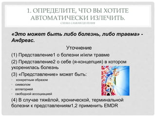 1. ОПРЕДЕЛИТЕ, ЧТО ВЫ ХОТИТЕ
АВТОМАТИЧЕСКИ ИЗЛЕЧИТЬ.
СХЕМА САМОИСЦЕЛЕНИЯ
«Это может быть либо болезнь, либо травма» -
Андреас.
Уточнение
(1) Представление1 о болезни и/или травме
(2) Представление2 о себе (я-концепция) в котором
укоренилась болезнь
(3) «Представление» может быть:
• конкретным образом
• символом
• аллегорией
• свободной ассоциацией
(4) В случае тяжёлой, хронической, терминальной
болезни к представлениям1,2 применить EMDR
 