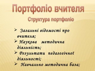  Загальні відомості про
вчителя;
 Наукова методична
діяльність;
 Результати педагогічної
діяльності;
 Навчально методична база;
 