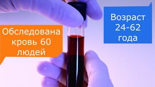 Обследована
кровь 60
людей
Возраст
24-62
года
 