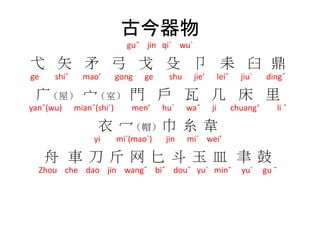 古今器物
guˇ jin qi` wu`
弋 矢 矛 弓 戈 殳 卩 耒 臼 鼎
ge shiˇ mao’ gong ge shu jie’ leiˇ jiu` dingˇ
广（屋） 宀（室） 門 戶 瓦 几 床 里
yanˇ(wu) mianˇ(shi`) men’ hu` waˇ ji chuang’ li ˇ
衣 冖（帽） 巾 糸 韋
yi mi`(mao`) jin mi` wei’
舟 車 刀 斤 网 匕 斗 玉 皿 聿 鼓
Zhou che dao jin wangˇ biˇ douˇ yu` minˇ yu` gu ˇ
 