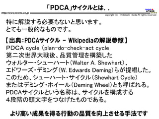 「ＰＤＣＡ」サイクルとは．．
http://www.teoria.co.jp
copyright (C) Hidetoshi Ikeda All rights reserved
特に解説する必要もないと思います。
とても一般的なものです。
【出典：PDCAサイクル - Wikipediaの解説参照】
ＰＤＣＡ cycle （plan-do-check-act cycle
第二次世界大戦後、品質管理を構築した
ウォルター・シューハート（Walter A. Shewhart）、
エドワーズ・デミング（W. Edwards Deming）らが提唱した。
このため、シューハート・サイクル（Shewhart Cycle）
またはデミング・ホイール（Deming Wheel）とも呼ばれる。
PDCAサイクルという名称は、サイクルを構成する
４段階の頭文字をつなげたものである。
より高い成果を得る行動の品質を向上させる手法です
 