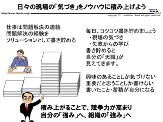 日々の現場の「気づき」をノウハウに積み上げよう
http://www.teoria.co.jp
copyright (C) Hidetoshi Ikeda All rights reserved
積み上がることで、競争力が高まり
自分の「強み」へ、組織の「強み」へ
仕事は問題解決の連続
問題解決の経験を
ソリューションとして書き貯める
毎日、コツコツ書き貯めましょう
・現場の気づき
・失敗からの学び
書き貯めると
自分の「天職」が
見えてきます。
興味のあることしか気づけない
重要だと思うことしか書けない
書いたこと・蓄積が自分になる
 