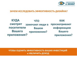 ЗАЧЕМ ИССЛЕДОВАТЬ ЭФФЕКТИВНОСТЬ ДИЗАЙНА?
КУДА
смотрят
посетители
Вашего
приложения?
ЧТО
замечают люди в
Вашем
приложении?
КАК
просматривают
информацию
Вашего
приложения?
ЧТОБЫ ОЦЕНИТЬ ЭФФЕКТИВНОСТЬ ВАШИХ ИНВЕСТИЦИЙ
и УВЕЛИЧИТЬ ДОХОД
 