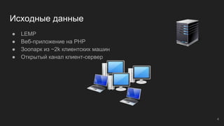 Исходные данные
● LEMP
● Веб-приложение на PHP
● Зоопарк из ~2k клиентских машин
● Открытый канал клиент-сервер
4
 