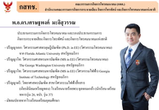 กสทช. คณะกรรมการกิจการโทรคมนาคม (กทค.)
สานักงานคณะกรรมการกิจการกระจายเสียง กิจการโทรทัศน์ และกิจการโทรคมนาคมแห่งชาติ
พ.อ.ดร.เศรษฐพงค์ มะลิสุวรรณ
ประธานกรรมการกิจการโทรคมนาคม และรองประธานกรรมการ
กิจการกระจายเสียง กิจการโทรทัศน์ และกิจการโทรคมนาคมแห่งชาติ
- ปริญญาเอก: วิศวกรรมศาสตรดุษฎีบัณฑิต (Ph.D. in EE) (วิศวกรรมโทรคมนาคม)
จาก Florida Atlantic University สหรัฐอเมริกา
- ปริญญาโท: วิศวกรรมศาสตรมหาบัณฑิต (MS in EE) (วิศวกรรมโทรคมนาคม)
The George Washington University สหรัฐอเมริกา
- ปริญญาโท: วิศวกรรมศาสตรมหาบัณฑิต (MS in EE) (วิศวกรรมไฟฟ้า) Georgia
Institute of Technology สหรัฐอเมริกา
- ปริญญาตรี: วิทยาศาสตรบัณฑิต สาขาวิศวกรรมไฟฟ้าสื่อสาร
(เกียรตินิยมเหรียญทอง) โรงเรียนนายร้อยพระจุลจอมเกล้า (นักเรียนเตรียม
ทหารรุ่น 26, จปร. รุ่น 37)
- มัธยมปลายจากโรงเรียนเตรียมอุดมศึกษา
 