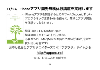 11/13iPhoneץ_koYvgʩޤ
iPhoneץ_k뤿Υĩ`Xcode¤
ץߥZSwiftʹäơgʥץ_k
YƤ餤ޤ
_Օr11/13(ľ)19:00
_߈WORKS<v>
ҪʤΣMac(Mac򤪳֤Ǥʤ?2,000
JܤǤ)
ꤷzߤϥץꥯ`ܡץ꡹Ȥ
http://appcre.net
աzߤܤǤ
24
 