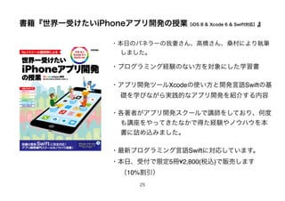 һܤiPhoneץ_kژIiOS 8 & Xcode 6 & Swiftݡ
25
?դΥѥͥ`ޤ󡢸ߘ򤵤ɣˤ̹P
ޤ
?ץߥ󥰽UYΤʤˤѧ
?ץ_kĩ`Xcodeʹ_kZSwiftλ
AѧӤʤgĤʥץ_kB餹
?ߤץ_k`v򤷤Ƥꡢζ
väƤʤǵäUYΥϥ
ԑzߤޤ
?¥ץߥZSwiftˌꤷƤޤ
?աܸ޶5?2,800(˰z)؜Ӥޤ
10%
 