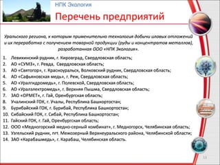 13
НПК Экология
Перечень предприятий
Уральского региона, к которым применительно технология добычи иловых отложений
и их переработка с получением товарной продукции (руды и концентратов металлов),
разработанная ООО «НПК Экология».
1. Левихинский рудник, г. Кировград, Свердловская область;
2. АО «СУМЗ», г. Ревда, Свердловская область;
3. АО «Святогор», г. Красноуральск, Волковский рудник, Свердловская область;
4. АО «Сафьяновская медь», г. Реж, Свердловская область;
5. АО «Уралгидромедь», г. Полевской, Свердловская область;
6. АО «Уралэлектромедь», г. Верхняя Пышма, Свердловская область;
7. ЗАО «ОРМЕТ», г. Гай, Оренбургская область;
8. Учалинский ГОК, г. Учалы, Республика Башкортостан;
9. Бурибайский ГОК, г. Бурибай, Республика Башкортостан;
10. Сибайский ГОК, г. Сибай, Республика Башкортостан;
11. Гайский ГОК, г. Гай, Оренбургская область;
12. ООО «Медногорский медно-серный комбинат», г. Медногорск, Челябинская область;
13. Узгельский рудник, пгт. Межозерный Верхнеуральского района, Челябинской области;
14. ЗАО «Карабашмедь», г. Карабаш, Челябинская область.
 
