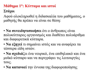 Μάθημα 1°: Κύτταρα και ιστοί
Στόχοι
Αφού ολοκληρωθεί η διδασκαλία του μαθήματος, ο
μαθητής θα πρέπει να είναι σε θέση:
• Να συνειδητοποιήσει ότι ο άνθρωπος είναι
πολυκύτταρος οργανισμός και διαθέτει πολυάριθμα
και διαφορετικά κύτταρα.
• Να εξηγεί τι σημαίνει ιστός και να αναφέρει τα
τέσσερα είδη ιστών.
• Να σχεδιάζει ένα νευρικό, ένα επιθηλιακό και ένα
μυϊκό κύτταρο και να περιγράφει τις λειτουργίες
τους.
• Να κατανοεί την έννοια της διαφοροποίησηςΜαλαματή Δίτσιου
 