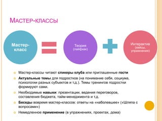 МАСТЕР-КЛАССЫ
Мастер-
класс
Теория
(лайфхак)
Интерактив
(кейсы,
упражнения)
 Мастер-классы читают спикеры клуба или приглашенные гости
 Актуальные темы для подростков (на понимание себя, социума,
психологии разных субъектов и т.д.). Темы тренингов подростки
формируют сами.
 Необходимые навыки: презентации, ведения переговоров,
составления бюджета, тайм-менеджмента и т.д.
 Беседы вовремя мастер-классов: ответы на «наболевшее» («Шляпа с
вопросами»)
 Немедленное применение (в упражнениях, проектах, дома)
 