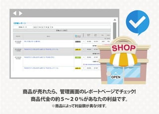 商品が売れたら、管理画面のレポートページでチェック！
商品代金の約５∼２０％があなたの利益です。
※商品によって利益額が異なります。
▶
▶
▶
 