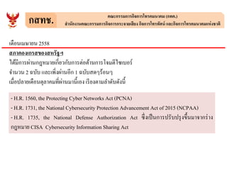 กสทช. คณะกรรมการกิจการโทรคมนาคม (กทค.)
สํานักงานคณะกรรมการกิจการกระจายเสียง กิจการโทรทัศน์ และกิจการโทรคมนาคมแห่งชาติ
เดือนเมษายน 2558
สภาคองเกรสของสหรัฐฯ
ได้มีการผ่านกฎหมายเกียวกับการต่อต้านการโจมตีไซเบอร์
จํานวน 2 ฉบับ และเพิงผ่านอีก 1 ฉบับสดๆร้อนๆ
เมือปลายเดือนตุลาคมทีผ่านมานีเอง เรียงตามลําดับดังนี
- H.R. 1560, the Protecting Cyber Networks Act (PCNA)
- H.R. 1731, the National Cybersecurity Protection Advancement Act of 2015 (NCPAA)
- H.R. 1735, the National Defense Authorization Act ซึงเป็นการปรับปรุงขึนมาจากร่าง
กฎหมาย CISA Cybersecurity Information Sharing Act
 