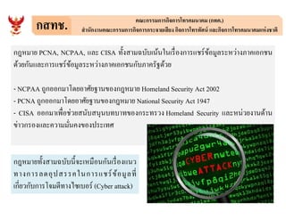 กสทช. คณะกรรมการกิจการโทรคมนาคม (กทค.)
สํานักงานคณะกรรมการกิจการกระจายเสียง กิจการโทรทัศน์ และกิจการโทรคมนาคมแห่งชาติ
กฎหมาย PCNA, NCPAA, และ CISA ทังสามฉบับเน้นในเรืองการแชร์ข้อมูลระหว่างภาคเอกชน
ด้วยกันและการแชร์ข้อมูลระหว่างภาคเอกชนกับภาครัฐด้วย
- NCPAA ถูกออกมาโดยอาศัยฐานของกฎหมาย Homeland Security Act 2002
- PCNA ถูกออกมาโดยอาศัยฐานของกฎหมาย National Security Act 1947
- CISA ออกมาเพือช่วยสนับสนุนบทบาทของกระทรวง Homeland Security และหน่วยงานด้าน- CISA ออกมาเพือช่วยสนับสนุนบทบาทของกระทรวง Homeland Security และหน่วยงานด้าน
ข่าวกรองและความมันคงของประเทศ
กฎหมายทังสามฉบับนีจะเหมือนกันเรืองแนว
ทางการลดอุปสรรคในการแชร์ข้อมูลที
เกียวกับการโจมตีทางไซเบอร์ (Cyber attack)
 