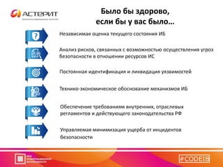 Было бы здорово,
если бы у вас было…
Независимая оценка текущего состояния ИБ
Анализ рисков, связанных с возможностью осуществления угроз
безопасности в отношении ресурсов ИС
Постоянная идентификация и ликвидация уязвимостей
Технико-экономическое обоснование механизмов ИБ
Обеспечение требованиям внутренних, отраслевых
регламентов и действующего законодательства РФ
Управляемая минимизация ущерба от инцидентов
безопасности
#CODEIB
 