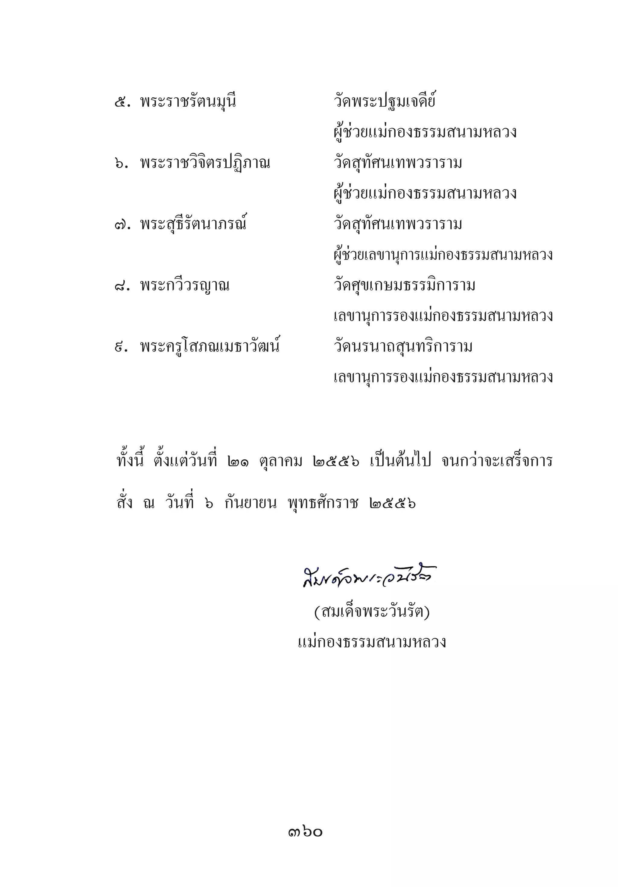 360
๕.	พระราชรัตนมุนี	 วัดพระปฐมเจดีย์
	 	 ผู้ช่วยแม่กองธรรมสนามหลวง
๖.	พระราชวิจิตรปฏิภาณ	 วัดสุทัศนเทพวราราม
	 	 ผู้ช่วยแม่กองธรรมสนามหลวง
๗.	พระสุธีรัตนาภรณ์	 วัดสุทัศนเทพวราราม
		 ผู้ช่วยเลขานุการแม่กองธรรมสนามหลวง
๘.	พระกวีวรญาณ	 วัดศุขเกษมธรรมิการาม
	 	 เลขานุการรองแม่กองธรรมสนามหลวง
๙.	พระครูโสภณเมธาวัฒน์	 วัดนรนาถสุนทริการาม
	 	 เลขานุการรองแม่กองธรรมสนามหลวง
ทั้งนี้ ตั้งแต่วันที่ ๒๑ ตุลาคม ๒๕๕๖ เป็นต้นไป จนกว่าจะเสร็จการ
สั่ง ณ วันที่ ๖ กันยายน พุทธศักราช ๒๕๕๖
	
	 (สมเด็จพระวันรัต)
	 แม่กองธรรมสนามหลวง
 